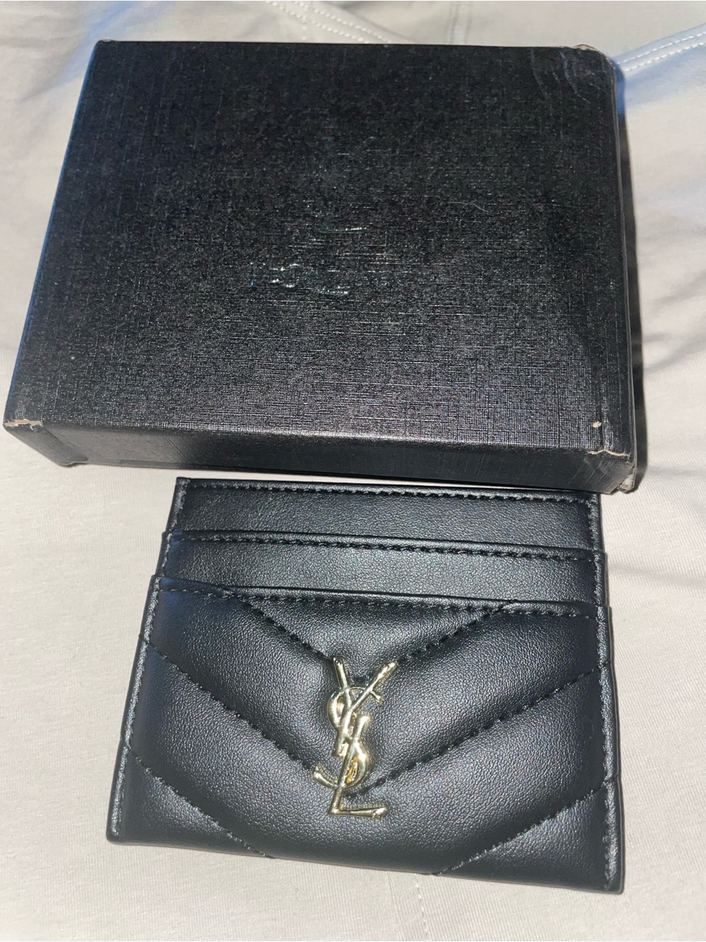 Yves Saint Laurent Black Quilted Leather Card Holder with Gold YSL Logo